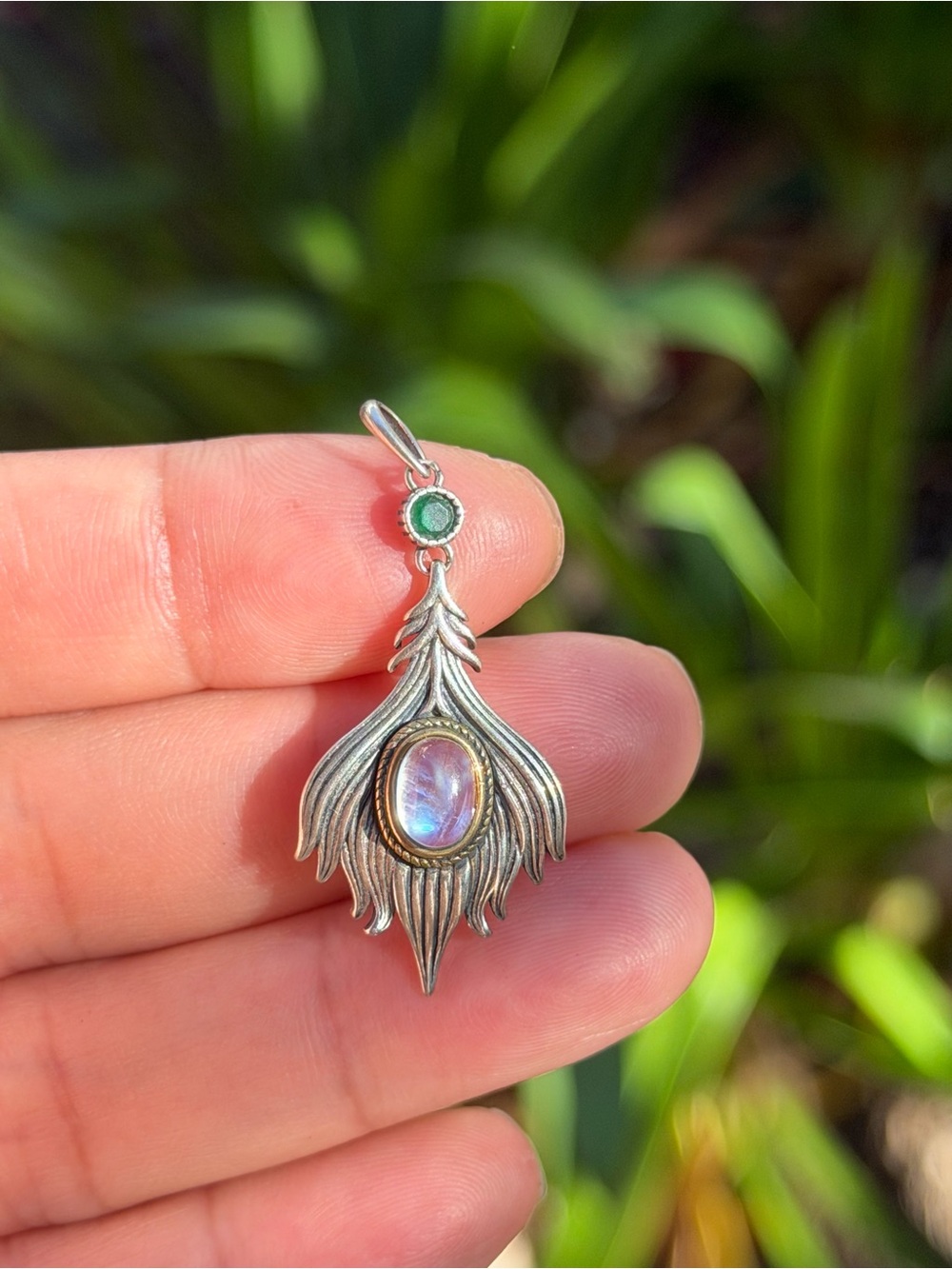 Sterling Silver Peacock Feather Pendant with Moonstone and Green Gem Palo